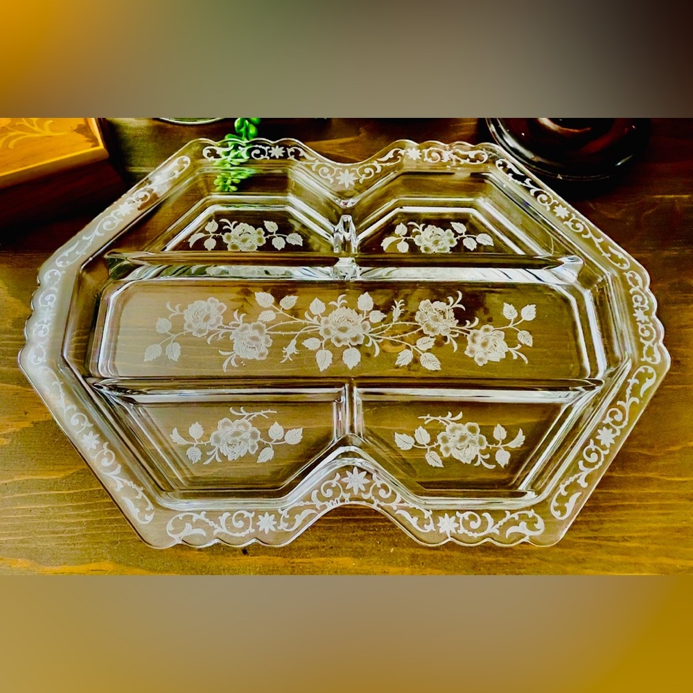 Fostoria Etched Depression Glass  Divided Platter